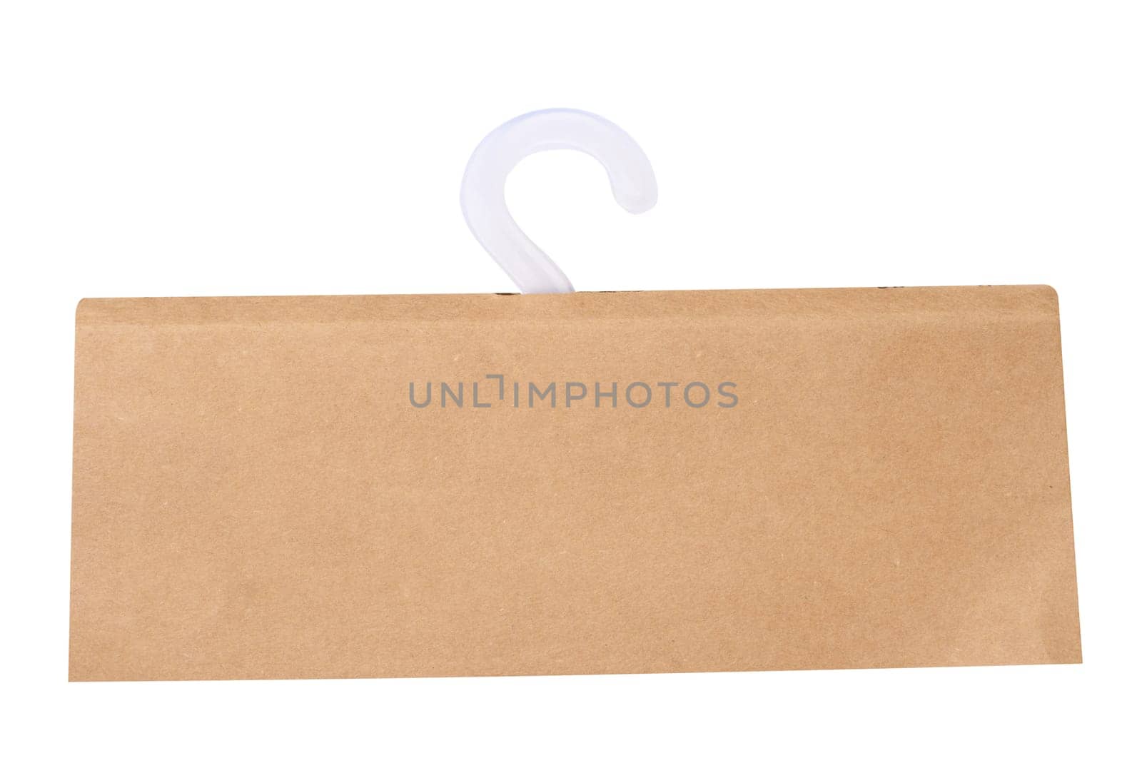 Paper label with a plastic hook for the sale of products on a white isolated background