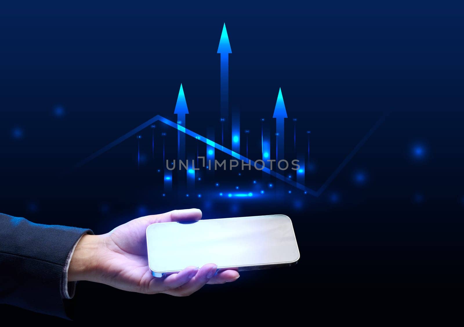 A woman's hand holds a smartphone and a holographic graph with growing indicators. Profitable business