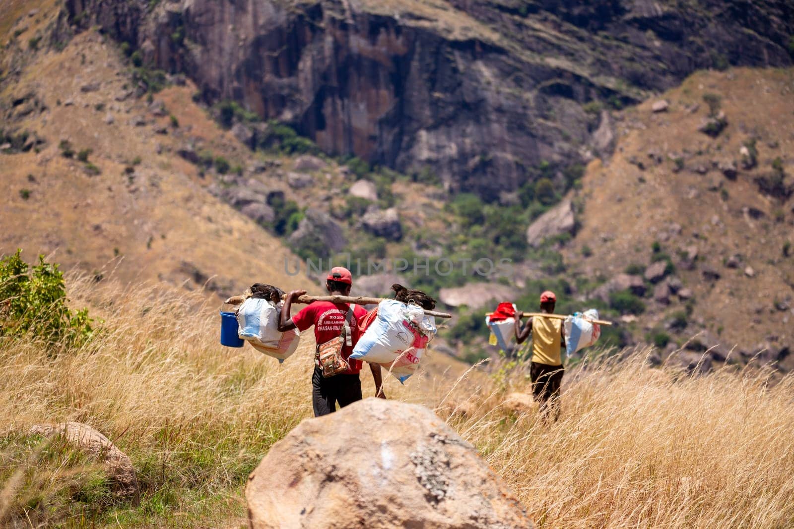Andringitra Mountains, Madagascar - November 15th 2022: A Malagasy porter carries belongings for tourists hanged on a primitive stick on his back. This is hard work and dedication of these porters.