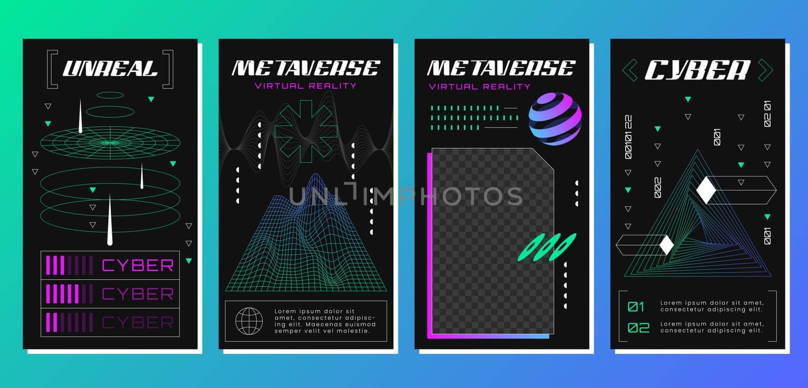 Retro futuristic posters with abstract 3d geometry wireframe grid. Technology graphic elements in vaporwave style. Geometric shapes, tunnel triangle in perspective view. Vector cyberpunk design.