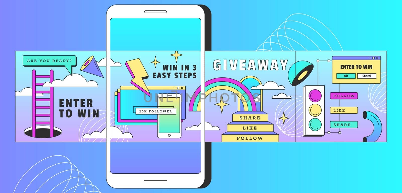 Instagram post carousel template banners. Internet application on the screen of smartphone device. Design background for social media. Mockup of the mobile app with stickers flat vector illustration