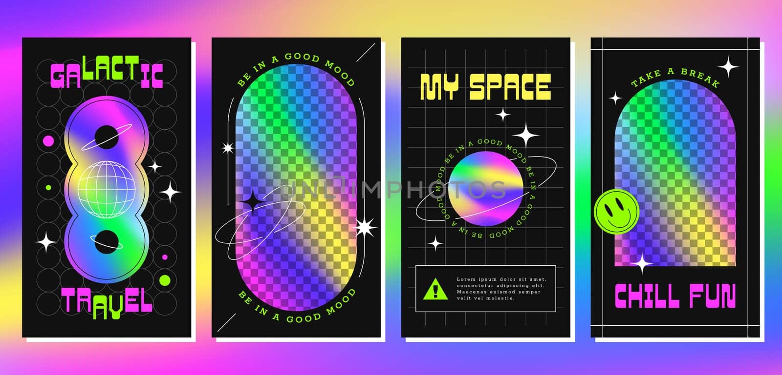 Trendy social media posters templates with abstract geometric shapes, rainbow holographic gradient. Acid flyer in y2k style. Poster with neon copy space for photo or text. Set of hologram elements.