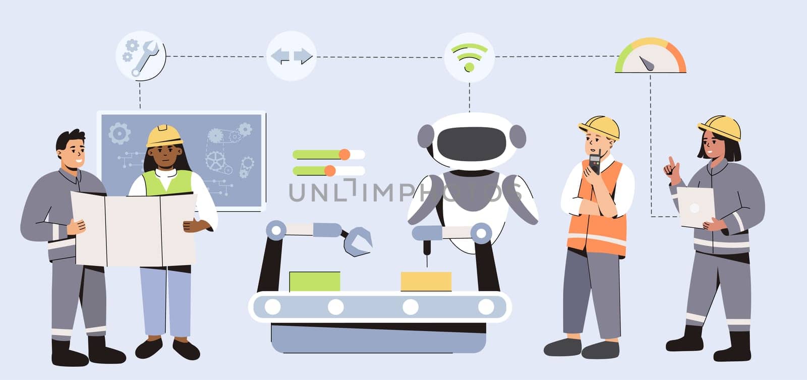 AI engineering industry. Flat team of engineers use artificial intelligence in product manufacturing automation. Process with ai robotic technology. Futuristic tech in smart factory.