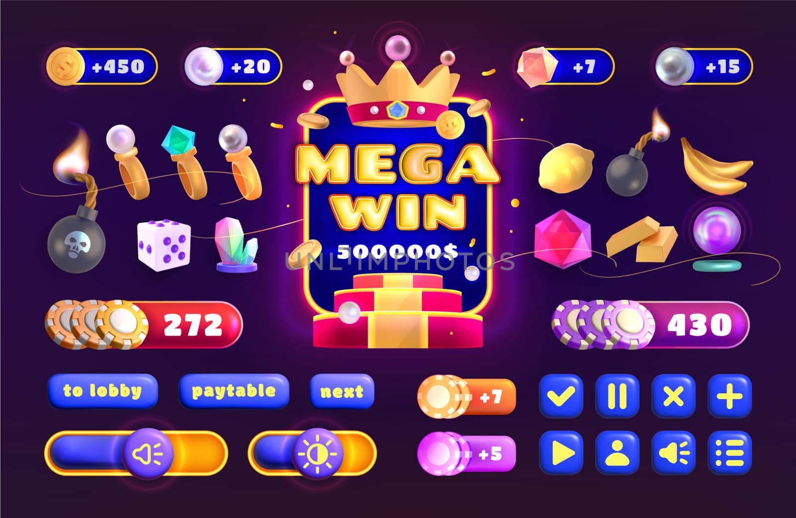 Casino icon for gambling ui game interface cartoon element set. Buttons and icons for slots game collection. Design interface elements, progress bars and lucky symbols for mobile gamble app vector.
