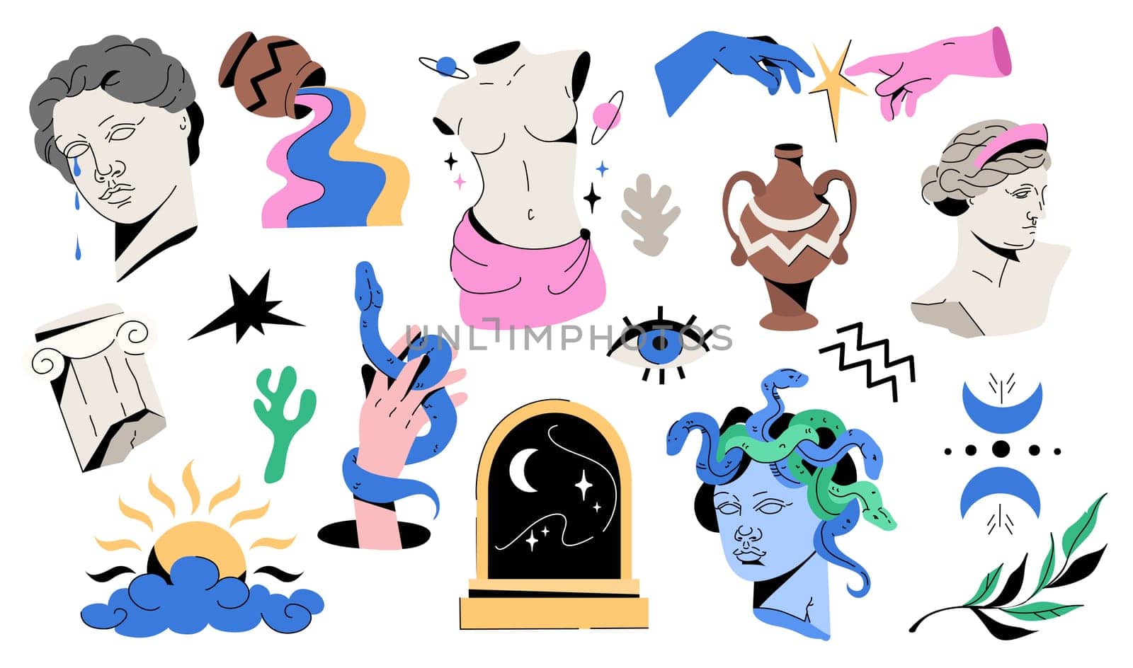 Set of ancient greek statue and trendy psychedelic design elements. Vector hand drawn illustrations of sculpture and classic vintage monument shapes. Color plaster busts, column, snake and roman vases