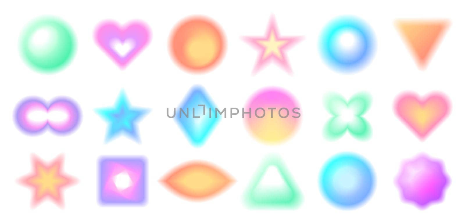 Y2k aesthetic blurred gradient shapes. Blurry aura aesthetic elements collection of different geometric forms isolated on white background. Design element with defocus effect vector illustration set.