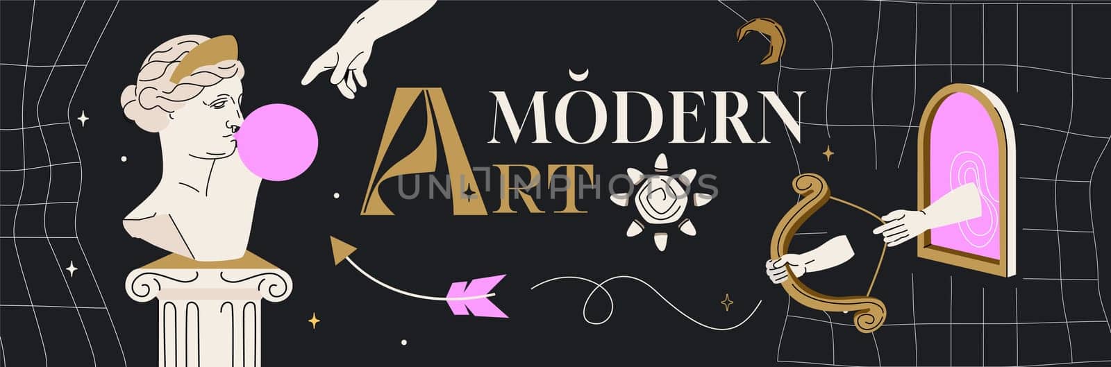 Trendy contemporary design for art exhibition poster. Creative collage with antique sculpture, column and harp. Cover design with greek statue and greece heads. Invitation banner with surreal elements