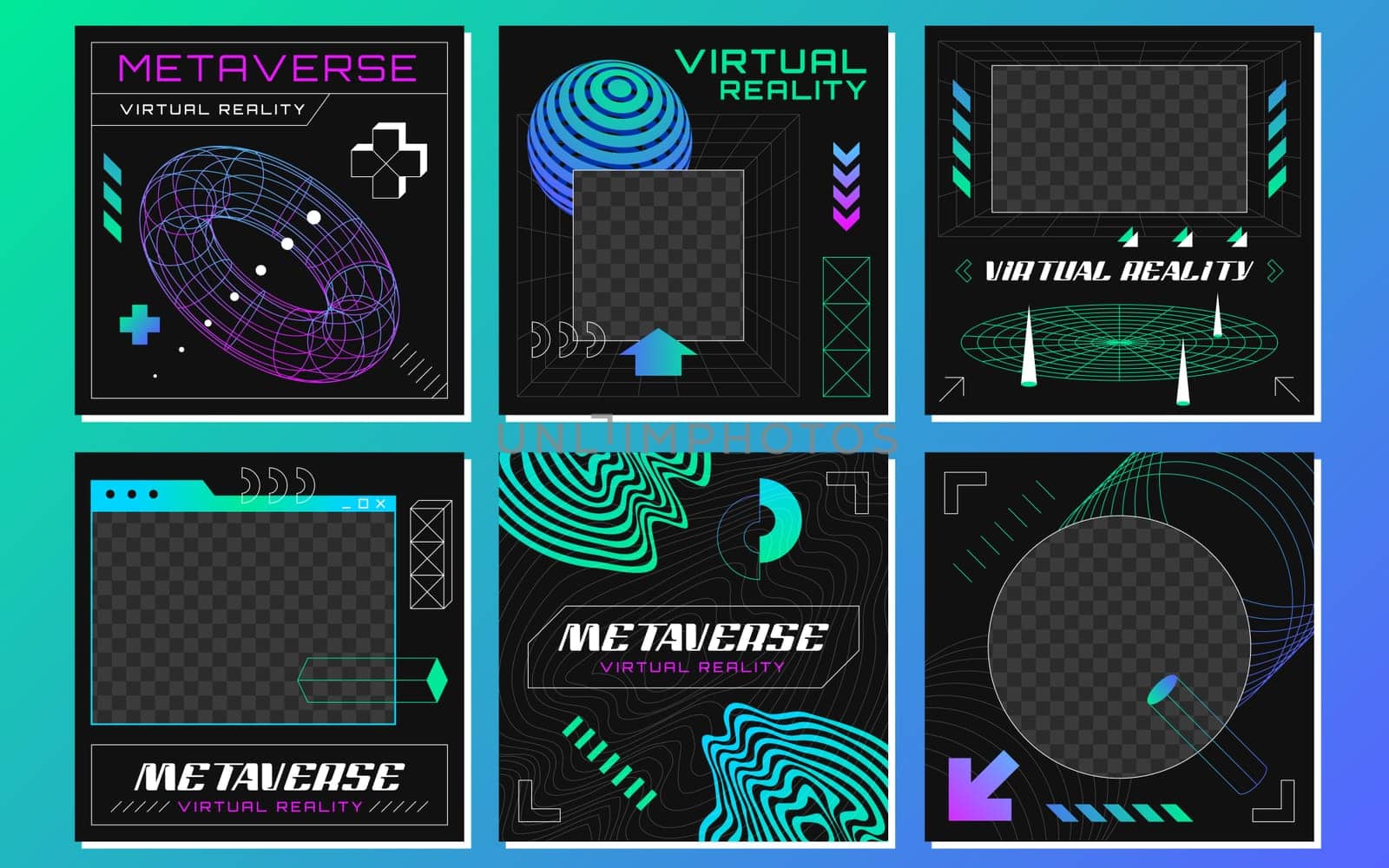 Retrofuturistic posts with abstract 3d wireframes geometry objects from line grid. Geometric shapes silhouette in vaporwave style. Design figures in perspective view. Vector outline illustration set