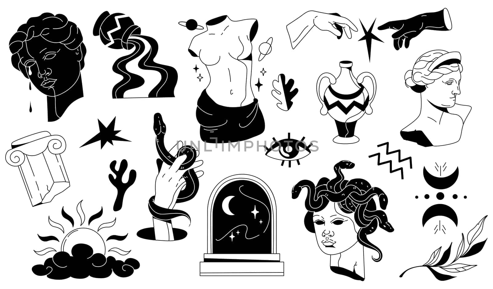 Ancient greek statues and sculpture mystic vector set. Black psychedelic design objects on white background. Hand drawn retro futuristic elements. Greece heads, plaster busts, columns and vases