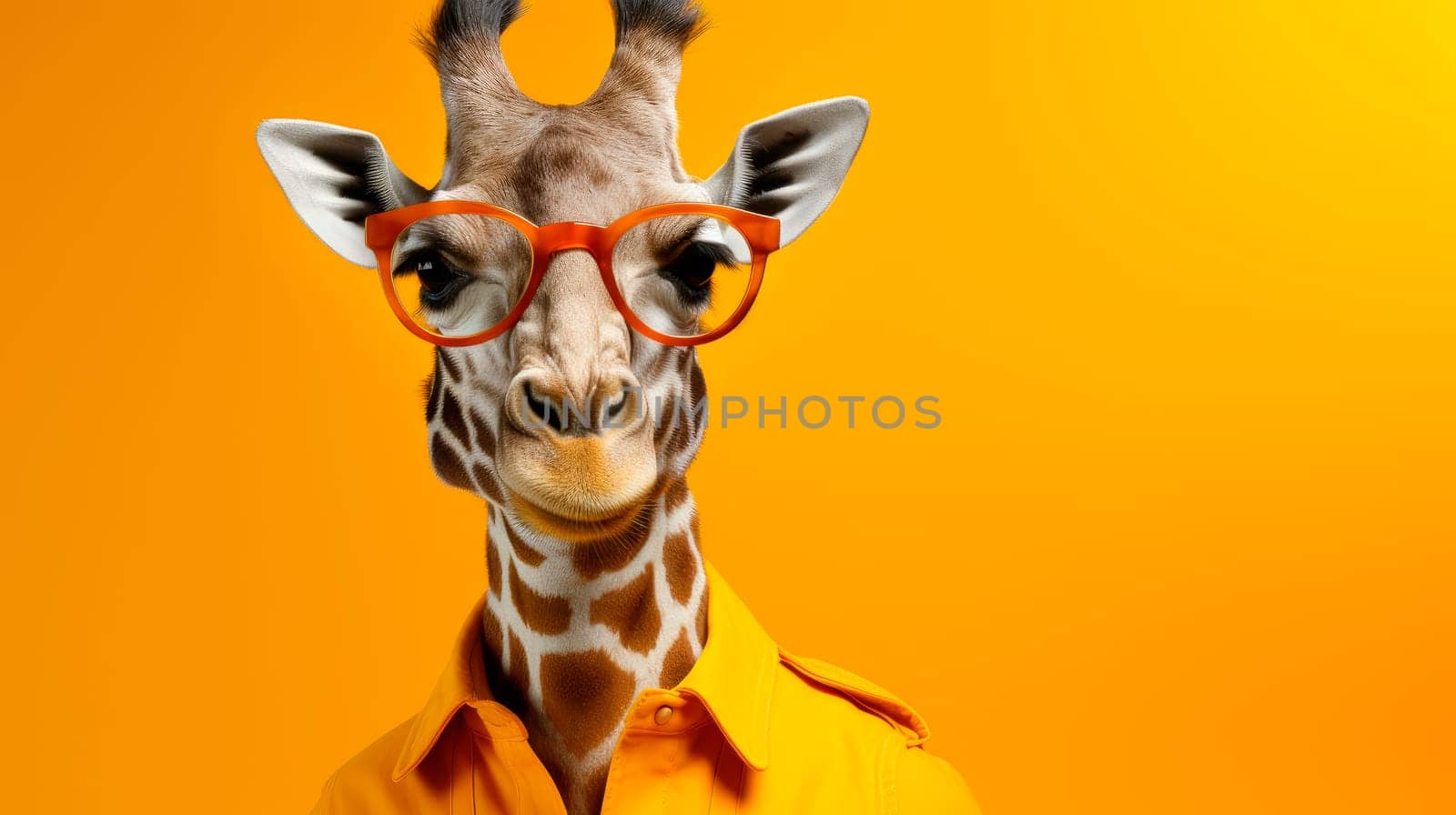 Trendy giraffe with a jacket and glasses on a yellow color background, copy space. AI generated