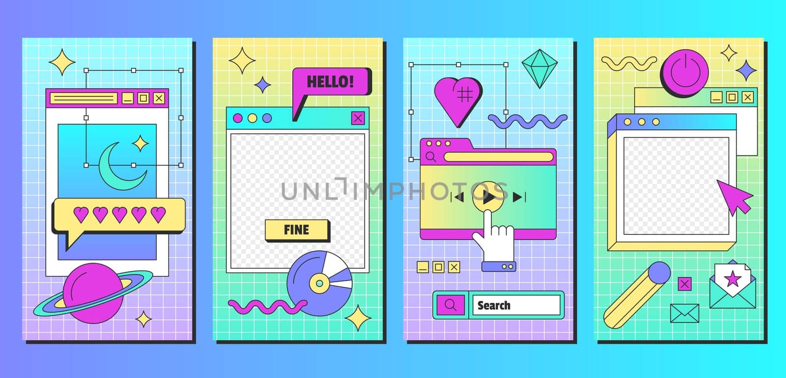 Retro linear vaporwave post and banners template in y2k style. Set of vintage social media ig posts and stories with aesthetic user interface elements. Old computer windows vector flat illustration.