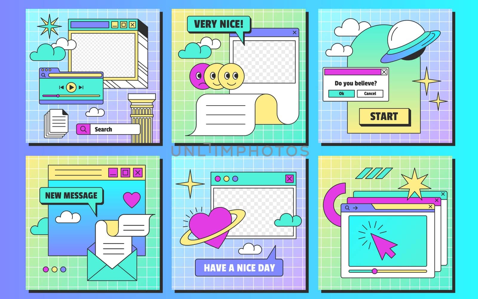 Retro linear vaporwave ig posts template in y2k style. Set of vintage browser computer windows with aesthetic user interface elements and stickers for social media. Flat vector illustration.