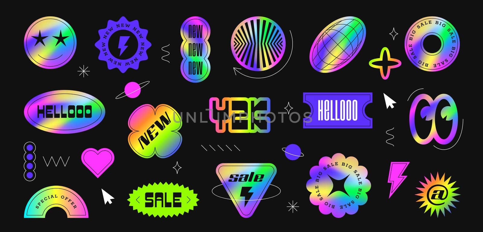 Vintage holographic gradient sale and discount y2k stickers, graphic elements. Set of abstract vector symbols, holography labels mockup isolated on black background. Shine badges different shapes.