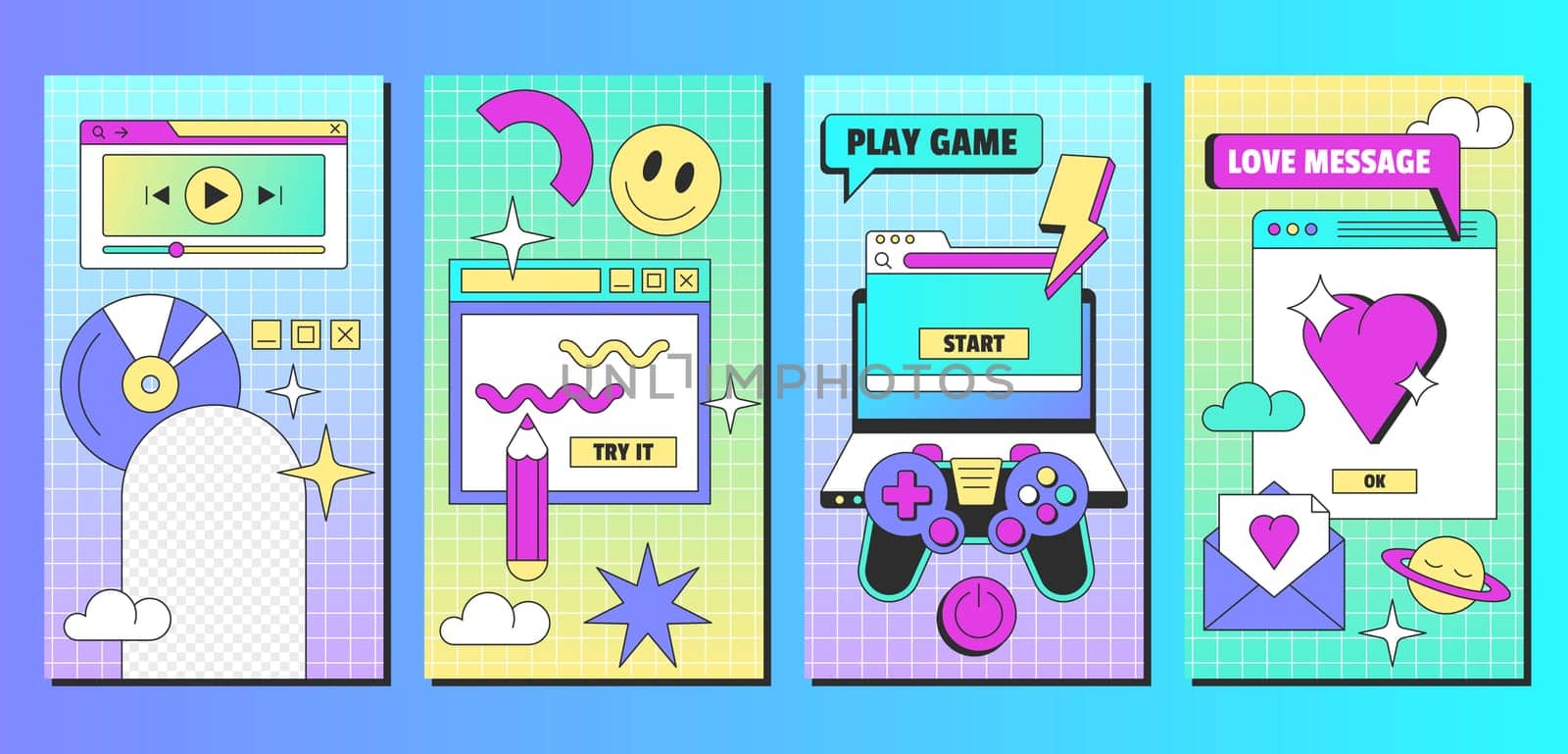 Retro linear vaporwave post template in y2k style. Set of vintage social media ig posts or stories with aesthetic user interface elements. Posters with old computer windows vector flat illustration.