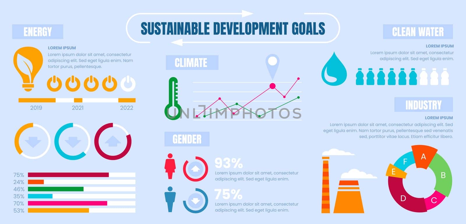 Sustainable development goals. Sdg infographic template with colorful infographics charts, data graphic and percentage. Flat marketing icons or business presentation elements on blue background