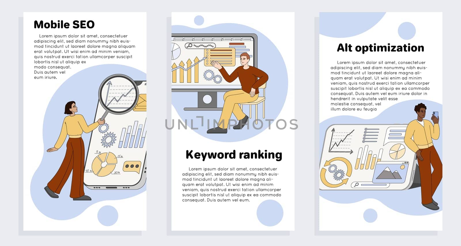 Mobile SEO, keyword ranking and alt optimization stories flat design. Set of banner templates with analytics of keys and growth charts. Internet marketing agency with magnifier and graphs on screen.