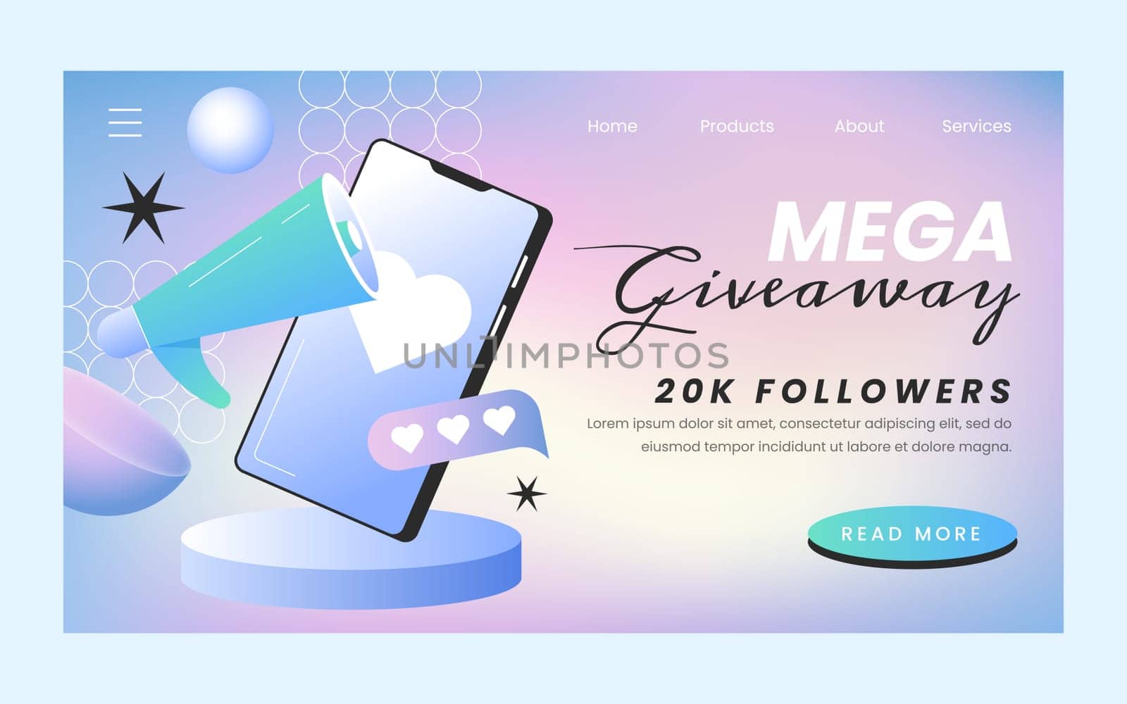 Giveaway landing page template design with megaphone and mobile phone. Attracting followers. Social media website for announcement, special event or internet advertising purple vector illustration.