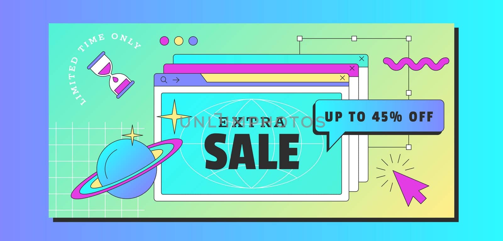 Retro vaporwave sale horizontal banner. Social media story design template with in 90s style. Computer windows with special offer. Vintage discount frame with abstract geometric linear.