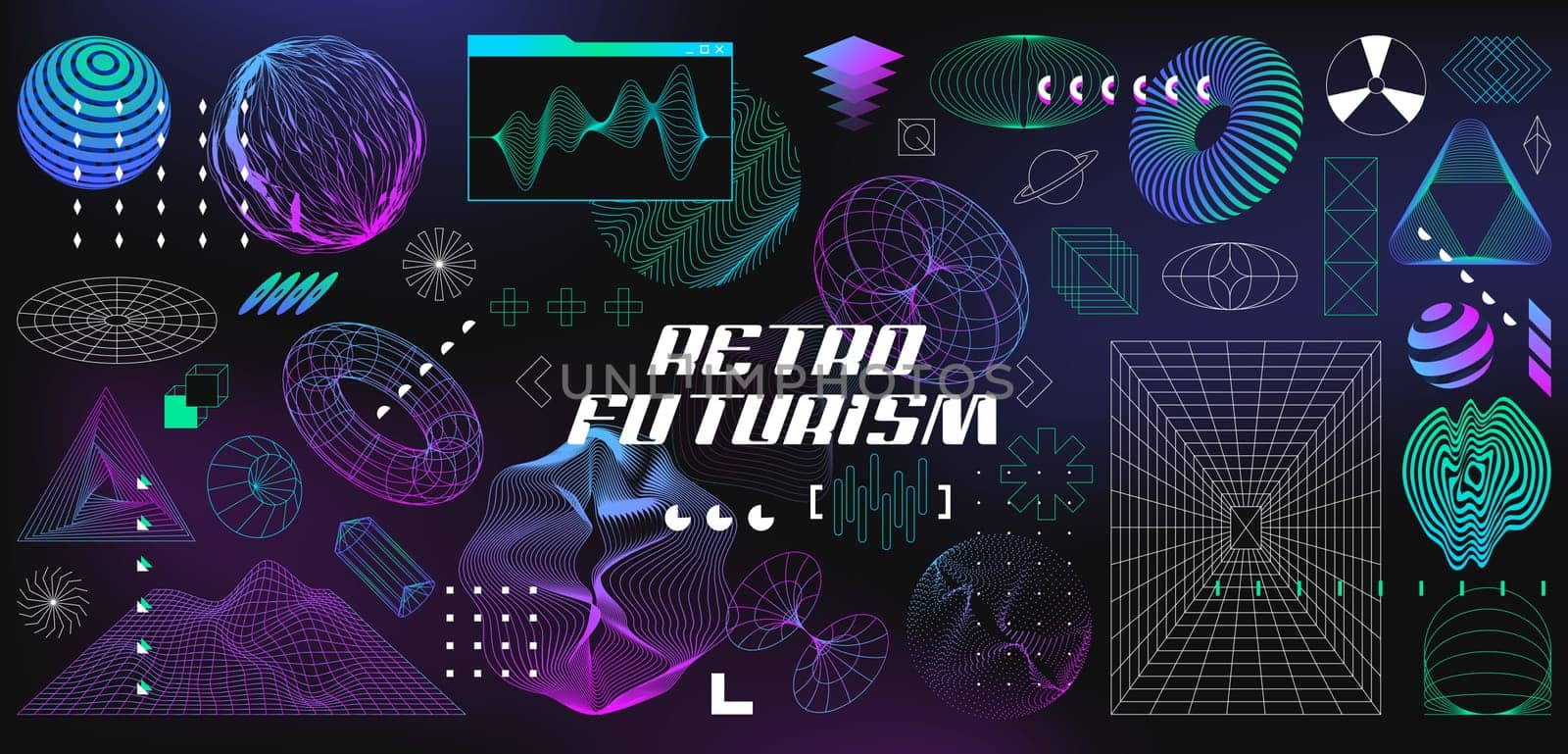 Retrofuturistic set of cyber shapes. Abstract 3d wireframe geometry objects from line grid. Geometric figures in vaporwave style. Design elements in perspective view. Vector outline illustration.