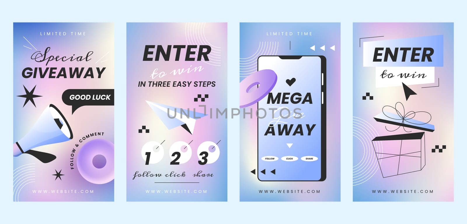 Giveaway posters or banners templates. Social media stories or post design collection. Contest winner announcement with gift box flat vector illustration. Prize win competition for follower.