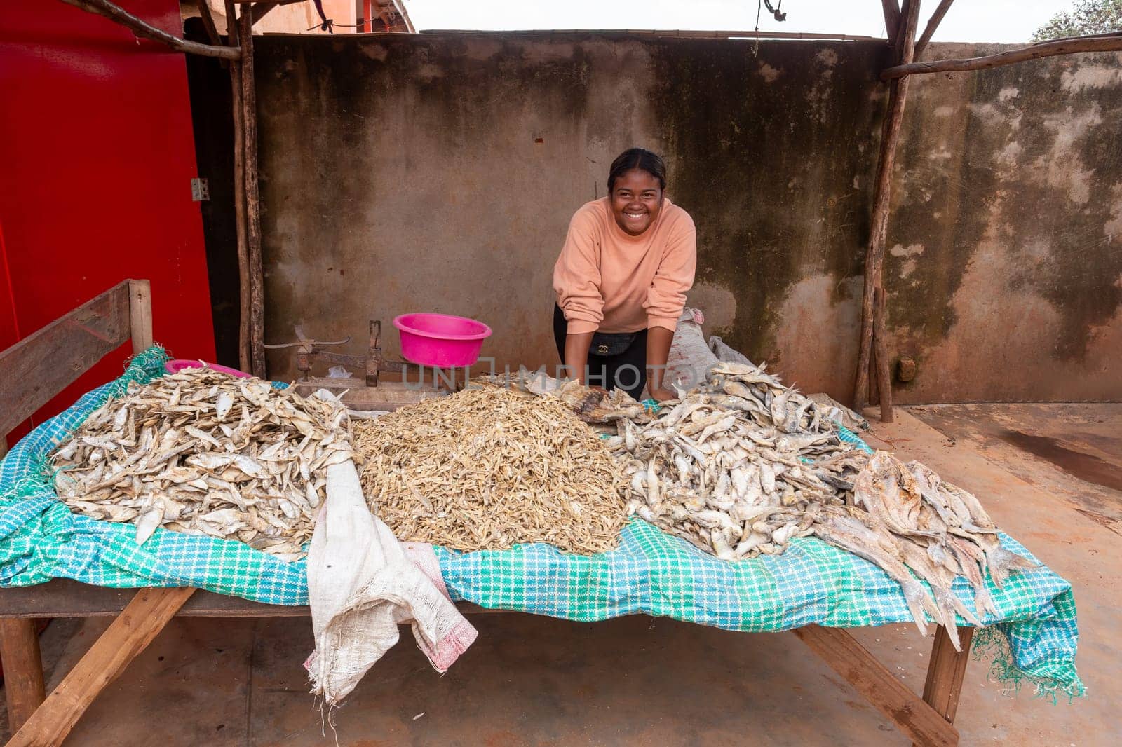 Mandoto, Madagascar - November 9. 2022 - Malagasy woman sells dried fish at a street market. Fishing is one of the livelihoods in Madagascar.