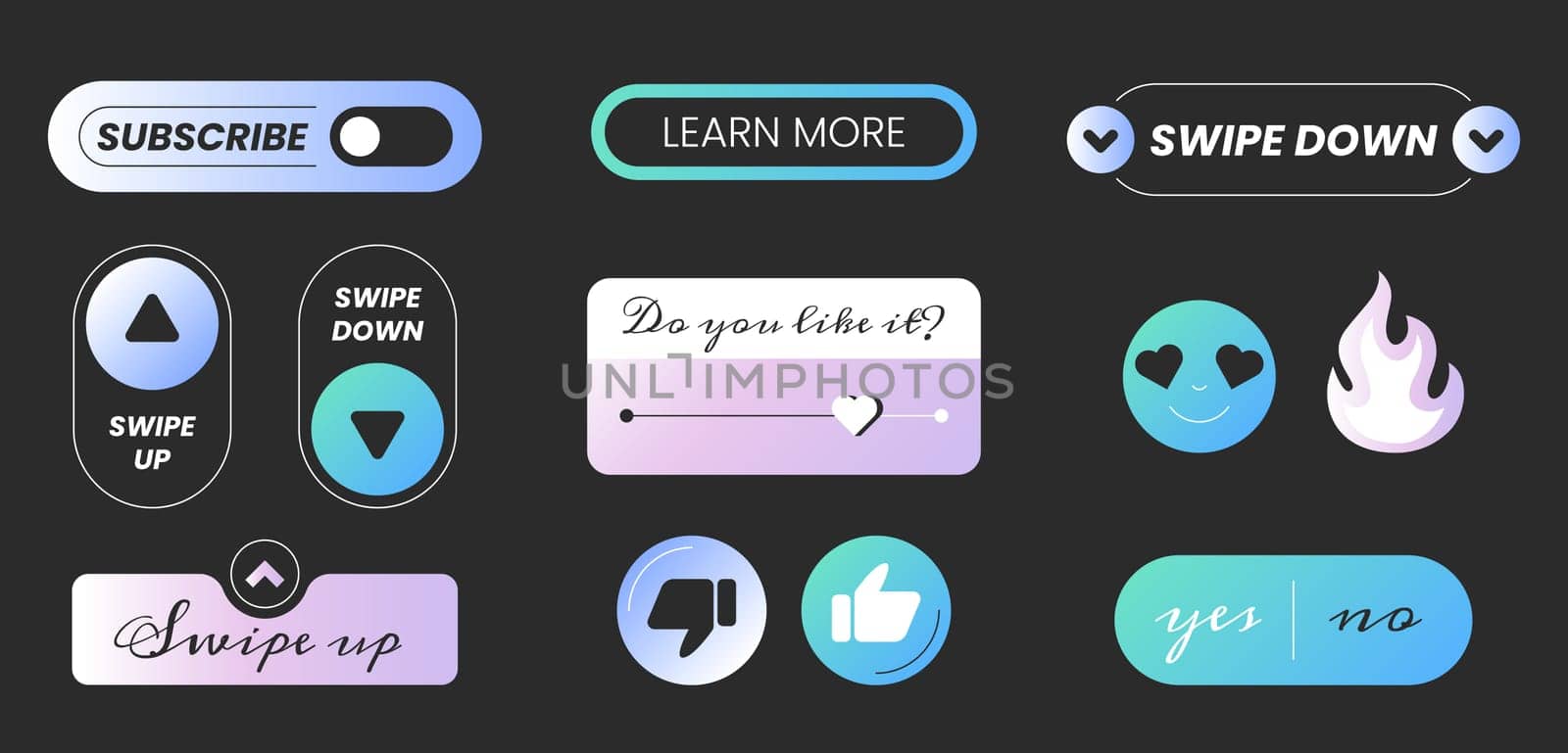 Social media reactions. Flat vector icons, web design elements on black background. Swipe up, swipe down, learn more, subscribe, stickers and button yes or no. Blogging and communication concept.