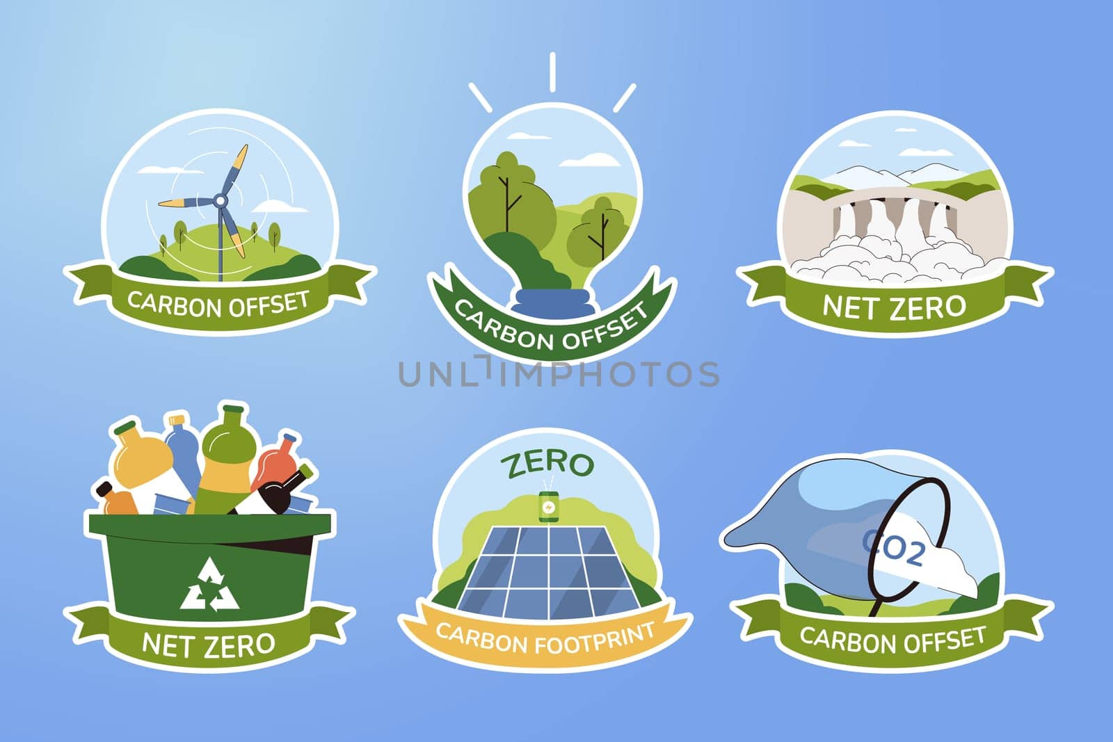 Set icons of net zero and carbon footprint. Sustainable development stickers. Green energy, reducing CO2 emissions design elements or labels. Eco friendly production, environmental safety.