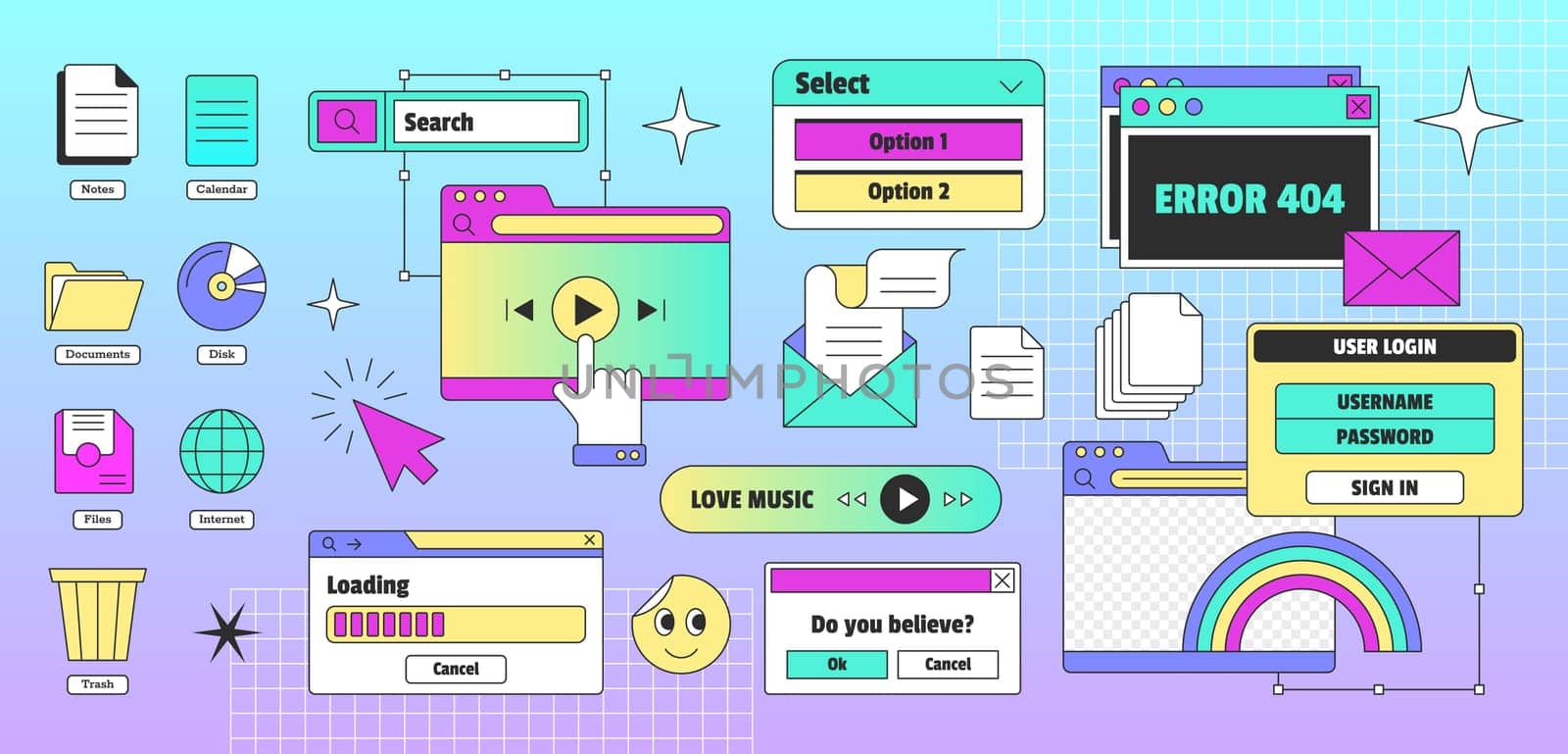 Vaporwave pc desktop with user interface elements in trendy y2k retro style. Icons set of computer windows, dialog box. 90s old browser with tabs, message boxes, loading bar, button and symbols.