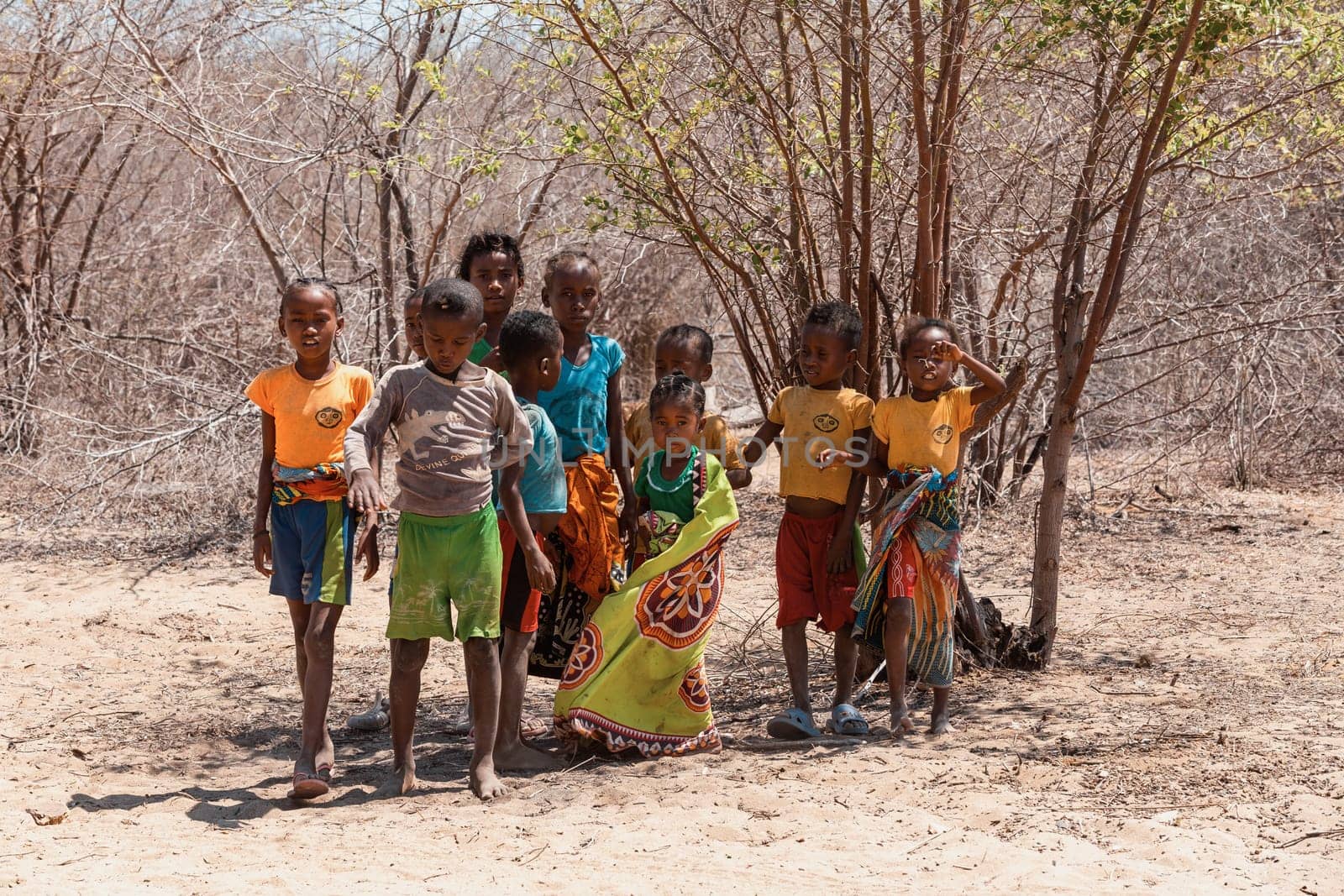 Baobab Amoureux, Morondava, Madagascar - November 8th 2022 - Group of children standing in a line in front of a pair of intertwined baobab trees. The photo shows the friendship of the children.