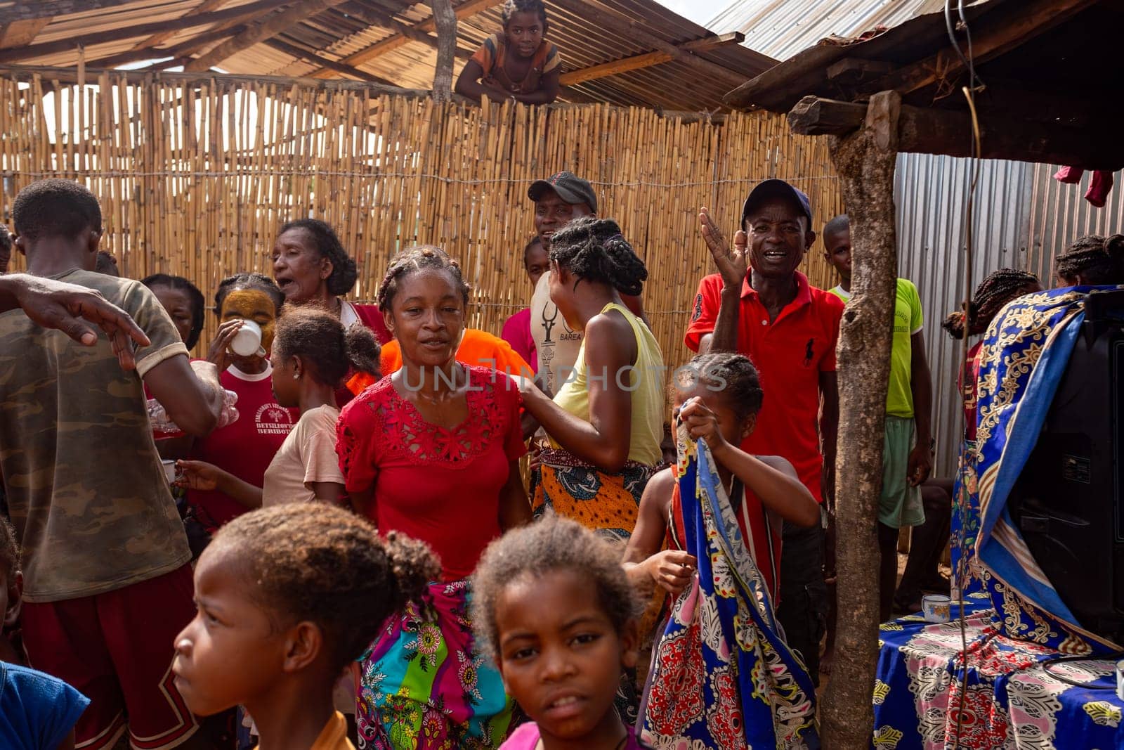 Bekopaka, Madagascar - November 6th 2022 - Women in colorful dresses dance at a rural village party in Bekopaka. The photo shows the festive mood and cultural diversity of the local people.