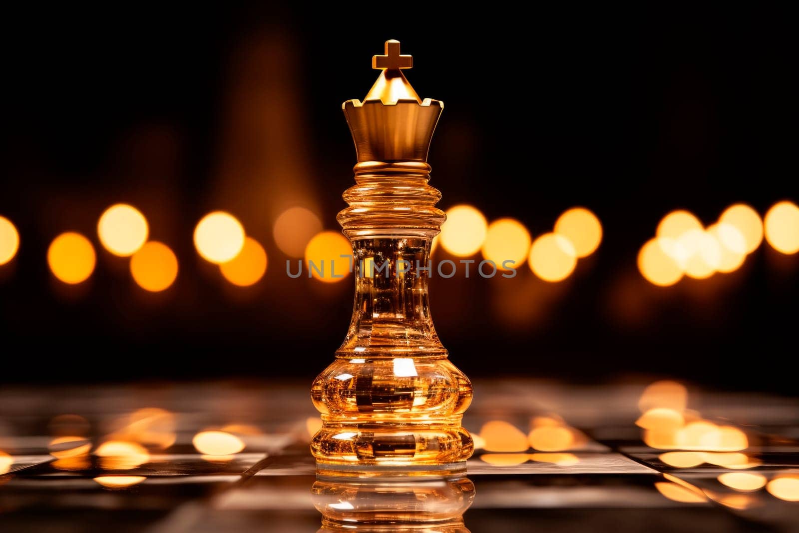 Golden Chess. Golden King chess with a beautiful bokeh background. Concept of a leadership and business vision for a win in business games.Elite Business Team Leader.AI generated