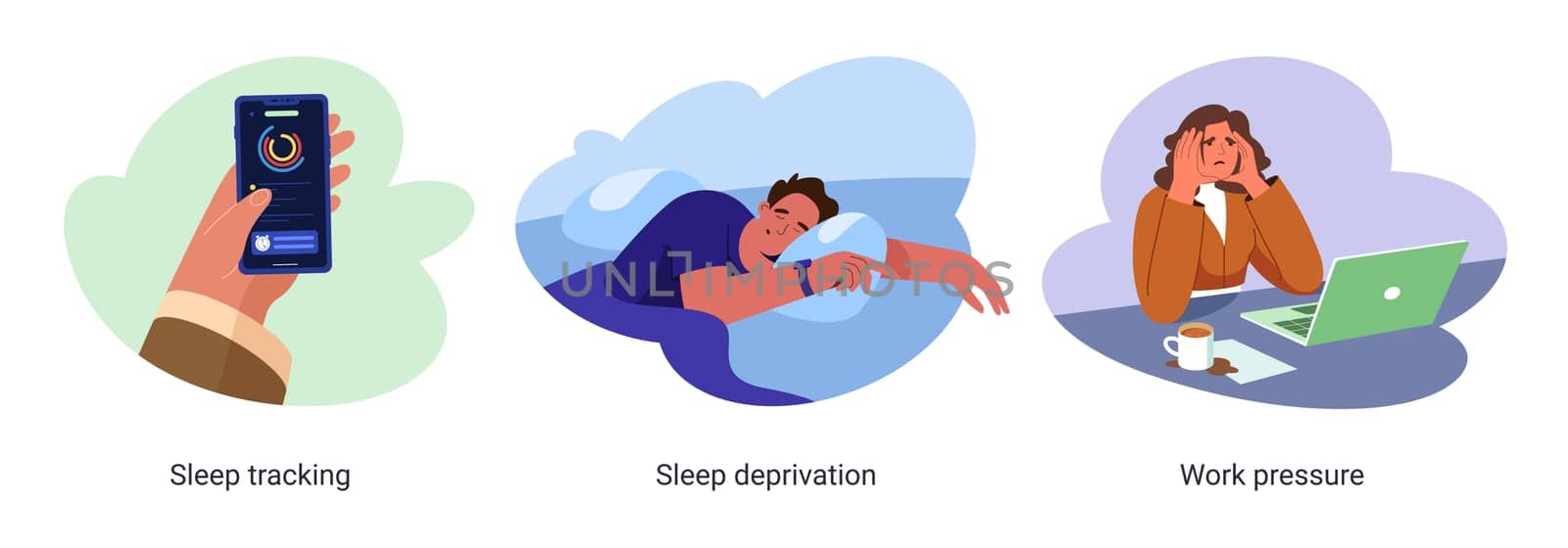 Vector set of sleep tracking and deprivation, work pressure. Flat man hand with digital tracker and tired businesswoman with burnout, overload and insomnia. Diagnostic sleeping app for healthy control