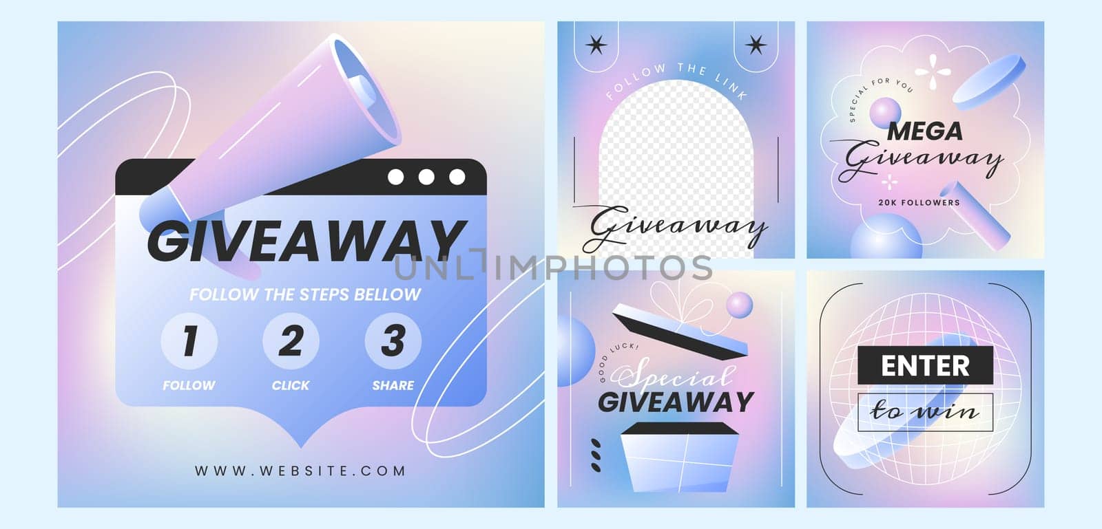 Giveaway trendy banners template. Social media poster design. Set of puzzle post and stories collection for networks or website vector illustration. Mockup for internet advertising with gift box.