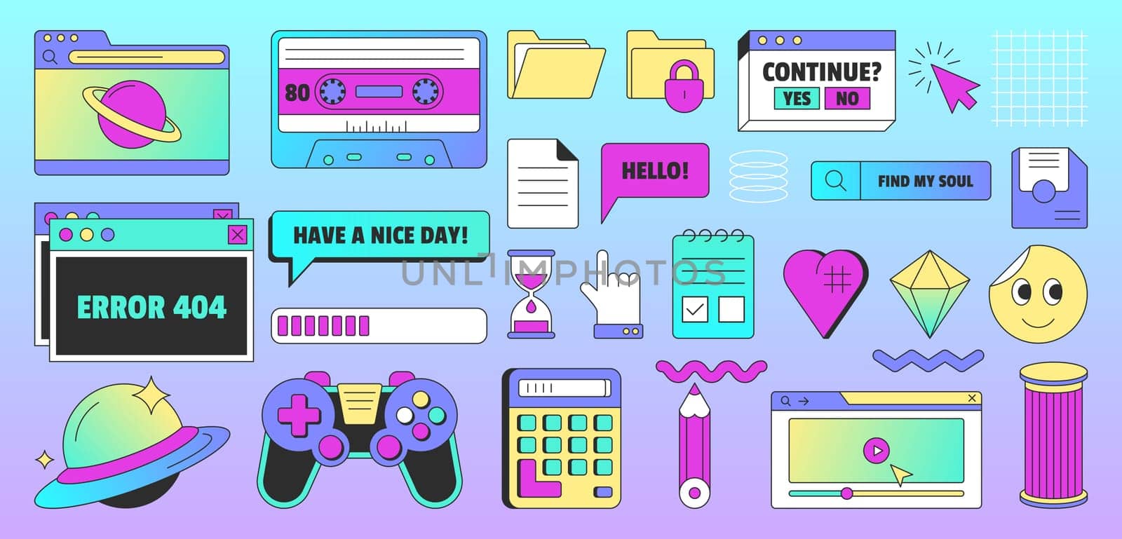 Vintage user interface elements in vaporwave. Old ui design of dialogue window, system computer message, video player, screens, loading bar, file folders. Smile, planet and icons in trendy retro style