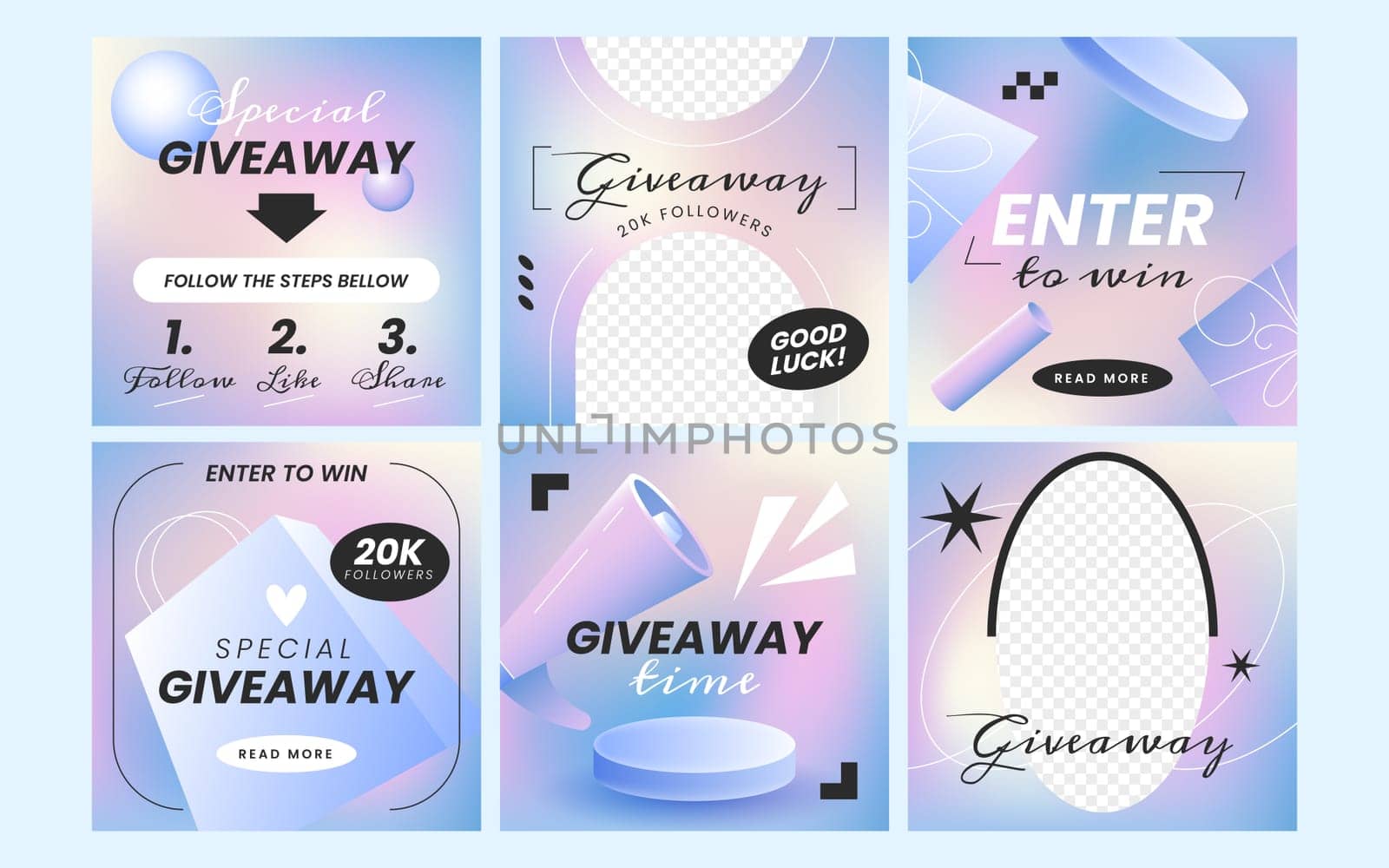 Giveaway trendy posters or banners template. Social media story design. Set of puzzle gift post collection for winner announcement vector illustration. Mockup cards for advertising with photo frames.