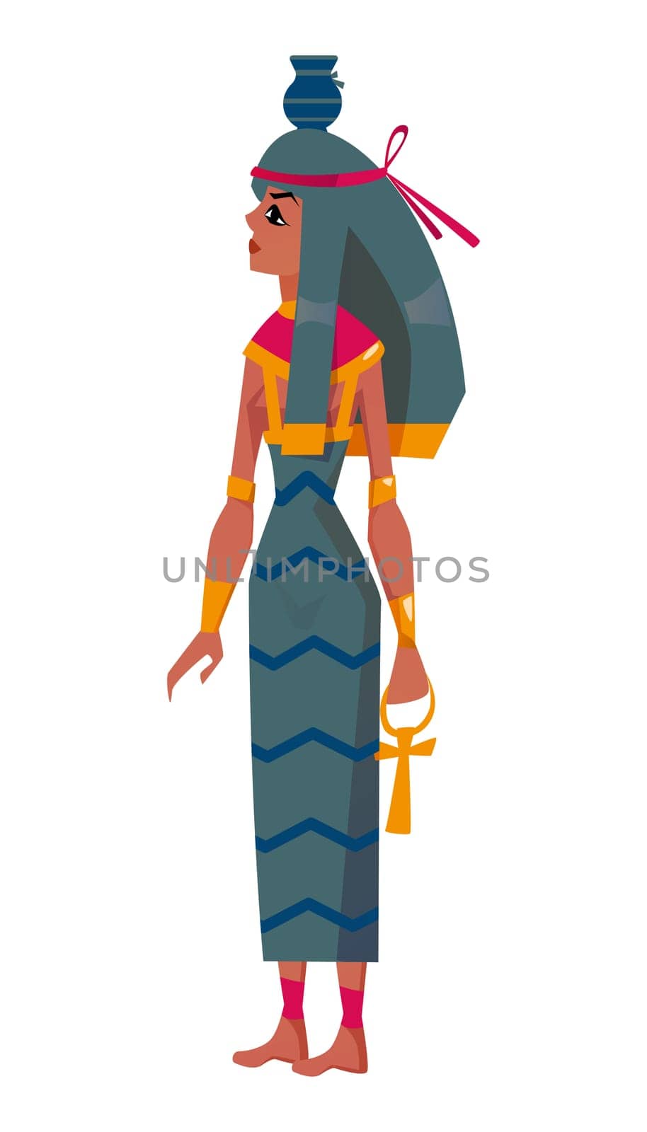 Ancient Egyptian goddess Nut. Deity of sky with water pot on head flat vector illustration. Mythological sacred character of heavens with ankh in hand isolated on white background.