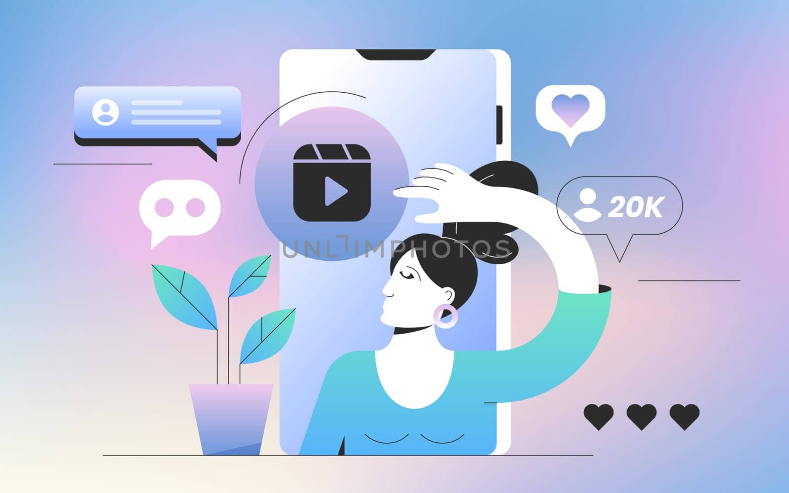 Flat young woman freelancer create visual content for social media. Stories and reels creation. Girl influencer or blogger created video and publication in blog hand drawn vector illustration.