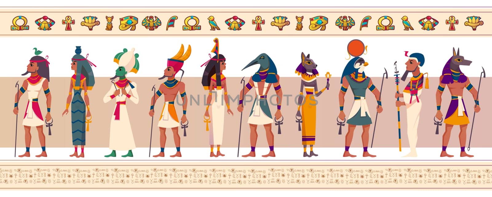 Set of ancient Egyptian gods and goddesses. Vector flat characters of Egypt mythology, myth Cairo statues. Ra, Bastet, Maat, Thoth, Anubis and Geb with religious symbols isolated on white background.