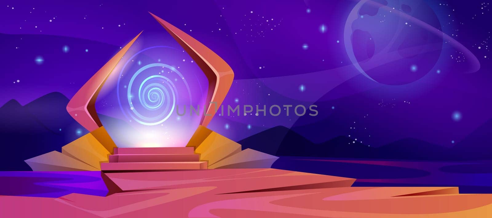 Cartoon magic portal with purple plasma light with swirl. Glowing plasmic entrance in frame on mountain under starry sky at night. Fantasy landscape with path and steps into alien world fantasy.