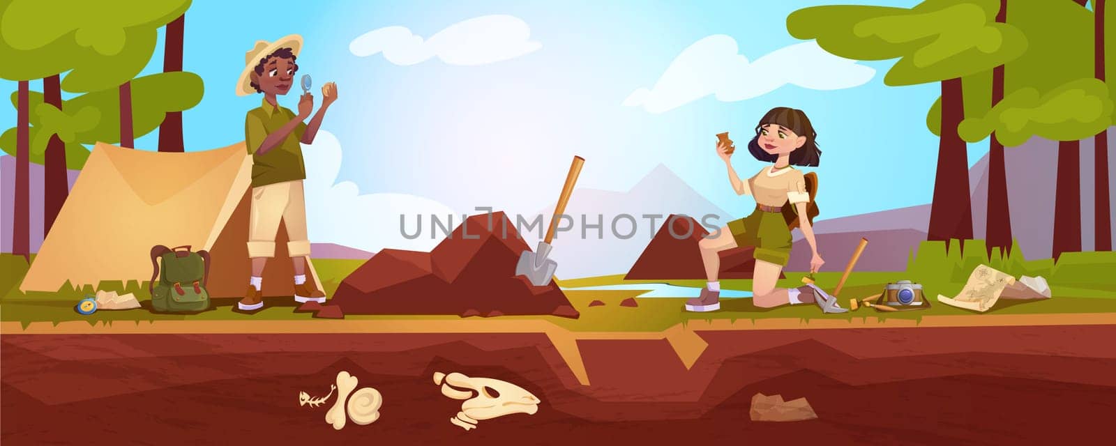 Cartoon archaeologists exploring artifacts with magnifying glass, brush or studying dinosaurs fossil skeletons bones. Paleontologist characters digging sand, research with excavation shovel and loupa.