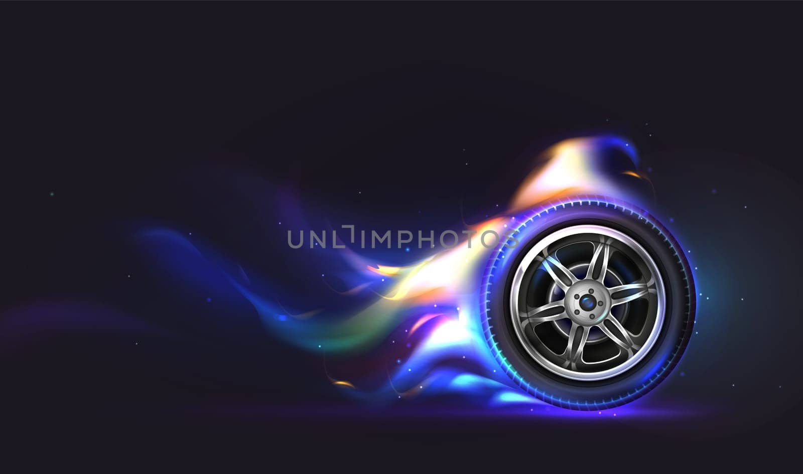 Vector 3d realistic rubber car wheel on fire in fast motion on road. Black tire in blue flames and sparks isolated on dark background. Burning automobile tyre in front view. Racing game or auto shop.