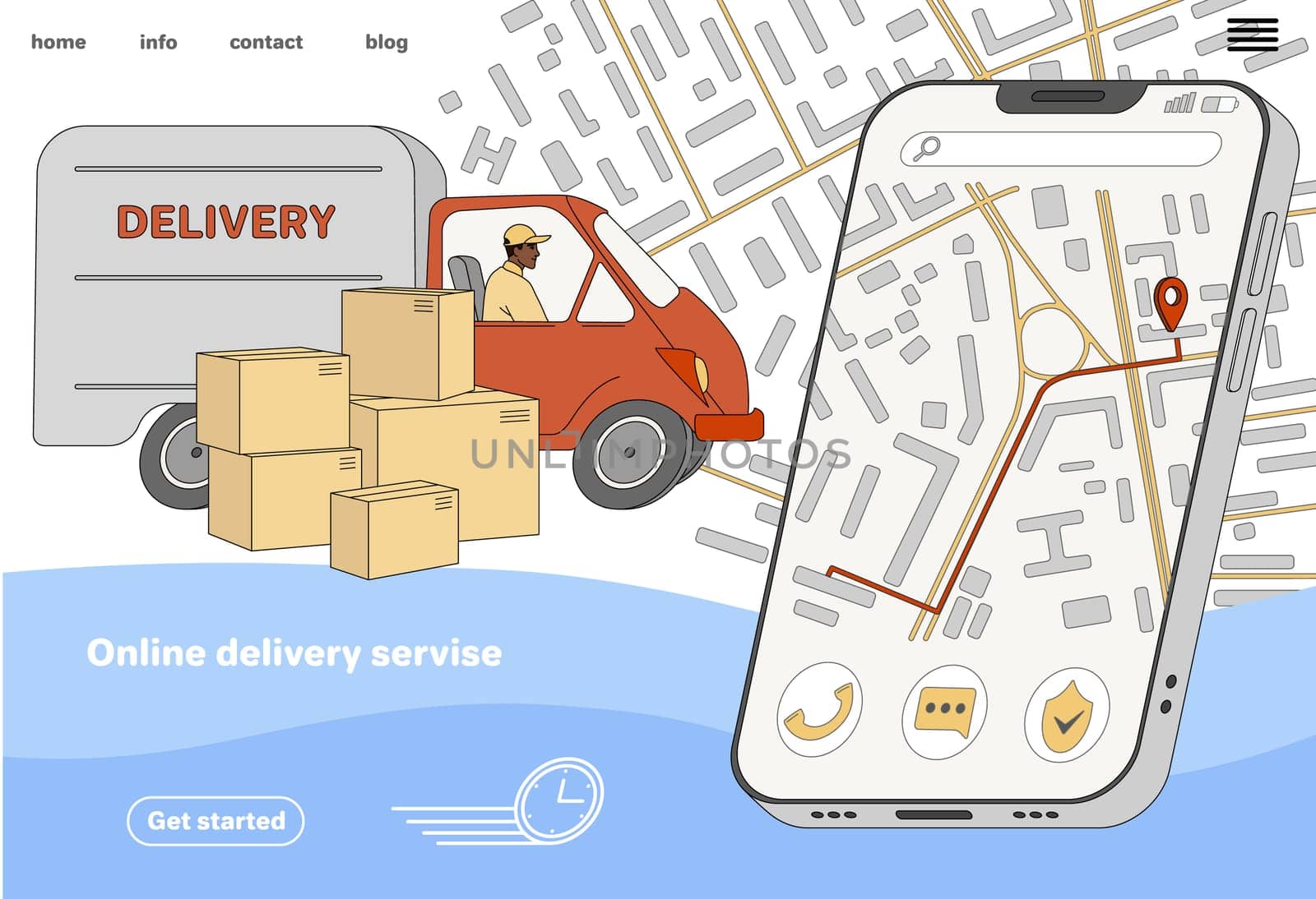 Mobile fast delivery service online app. Flat courier on van with boxes and road on mobile phone screen with city map and gps mark. Shipping tracking logistic. Landing page vector template.