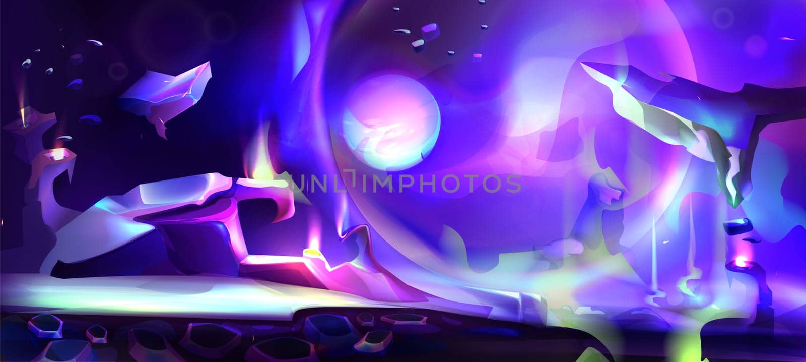 Vector cartoon fantasy illustration of cosmos and alien planet surface with rocks and shiny crystals. Space background with purple galaxy sky with moon and lighted crack. Computer game backdrop.