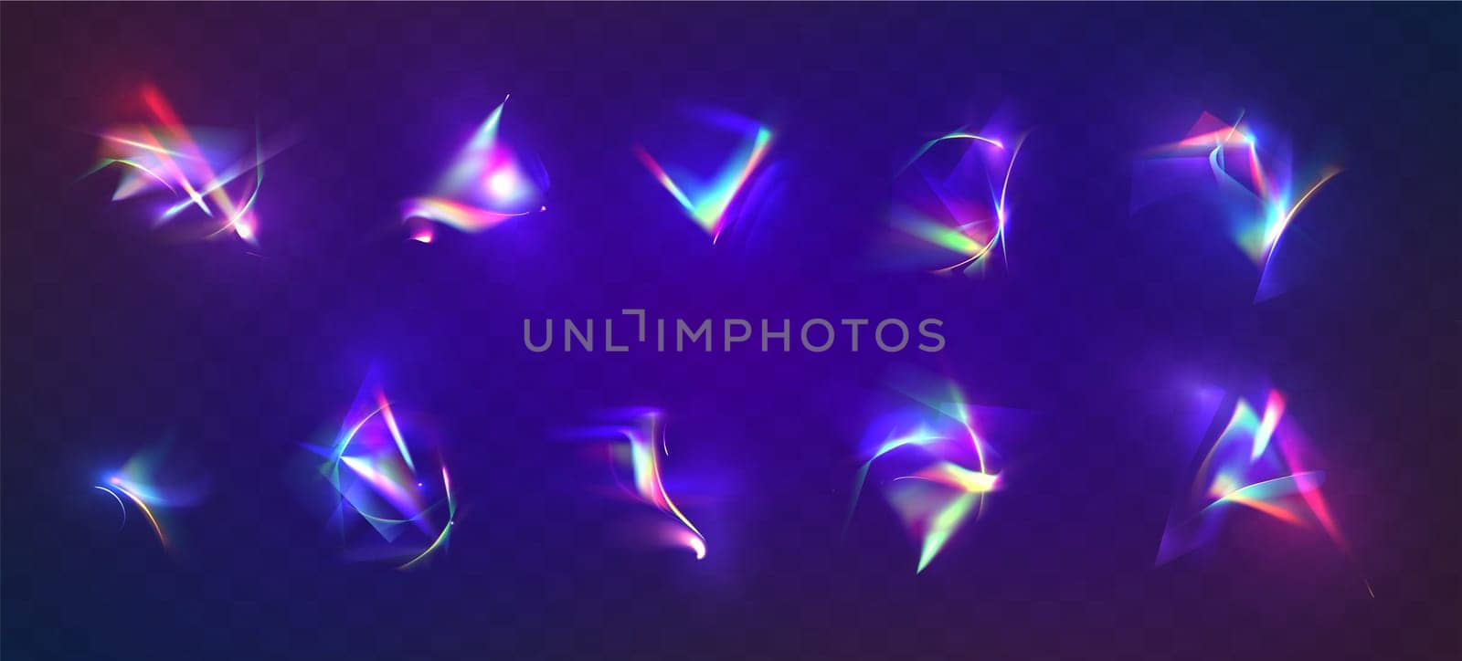 Prism light reflection from diamond or lens. Realistic set of bright iridescent glares, rainbow flares isolated on transparent background. Colorful spectrum rays with blur and glowing sparkles.