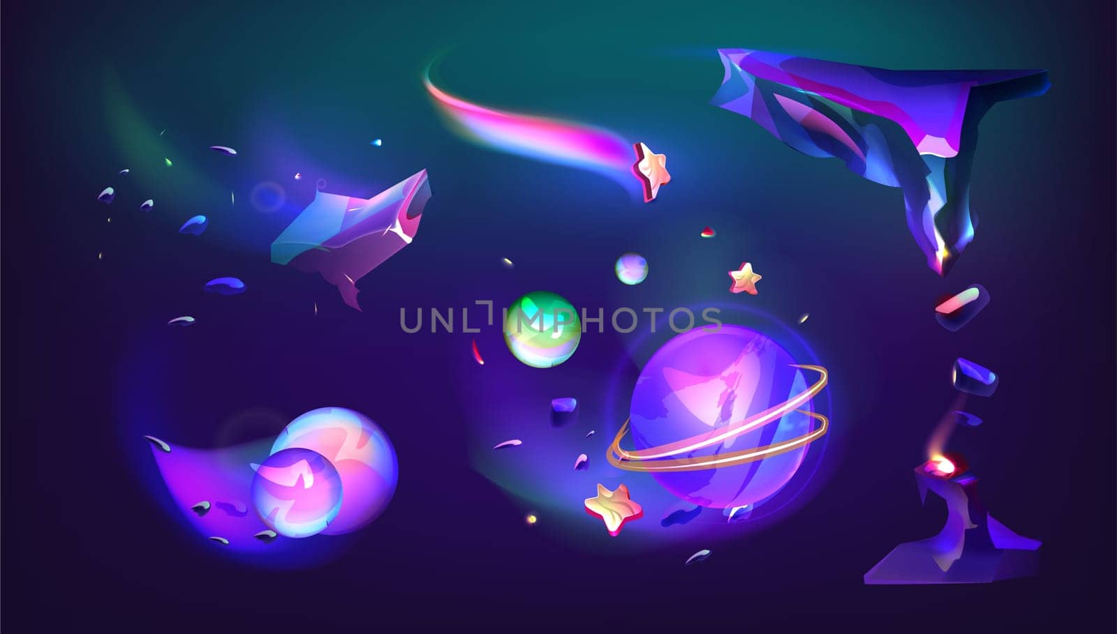 Vector cartoon fantasy illustration of cosmos, alien planet surface with shiny rocks and star. Cosmic space background with purple galaxy sky with moon and lighted crack. Computer game backdrop.