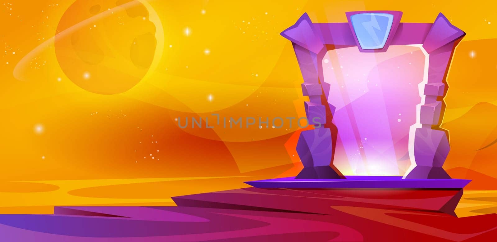 Cartoon vector illustration of magic portal in stone frame with purple plasma light. Glowing plasmic entrance door to parallel world at yellow landscape background. Fantasy game scene.