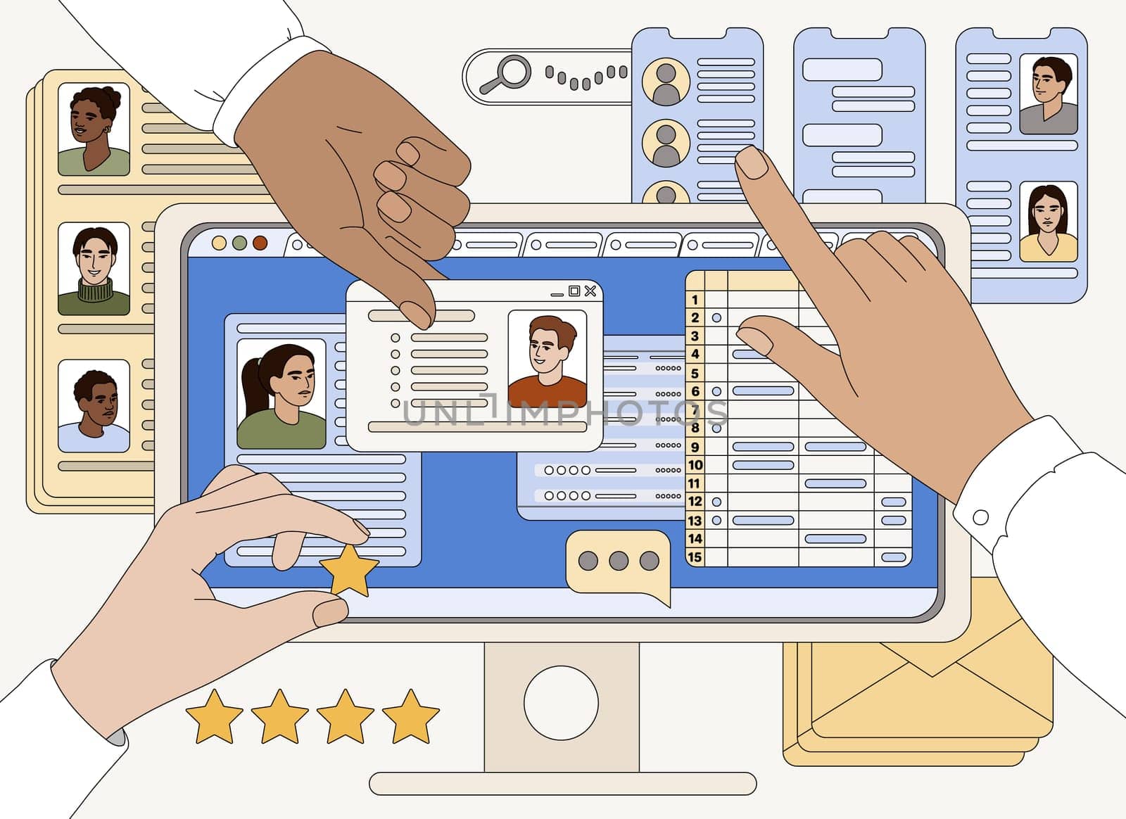 Flat hands of hr team research workers choose employees or new candidate for job. Hiring agency analysing CV resume, researching applicant for vacant work place. Talent search, recruitment process.