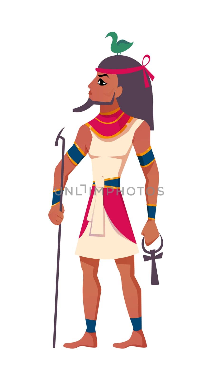 Ancient egyptian god Geb with sacred animal goose on head flat vector illustration. Deity of the Earth with bird symbol isolated on white background. Mythological character from history and religion.