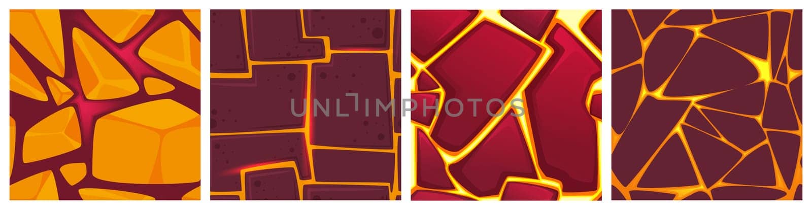 Cartoon top view backgrounds of liquid lava flows with stones or hot orange magma in ground cracks for game. Vector seamless patterns of volcano eruption, cracked rock with glow plasma inside.
