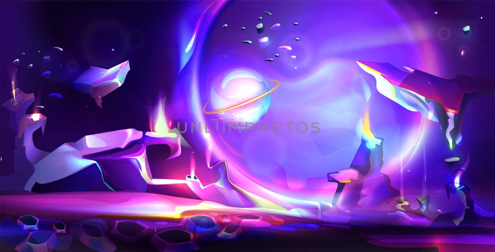Vector cartoon fantasy illustration of cosmos and alien planet surface with rocks and shiny crystals. Space background with purple galaxy sky with moon and lighted crack. Computer game backdrop.